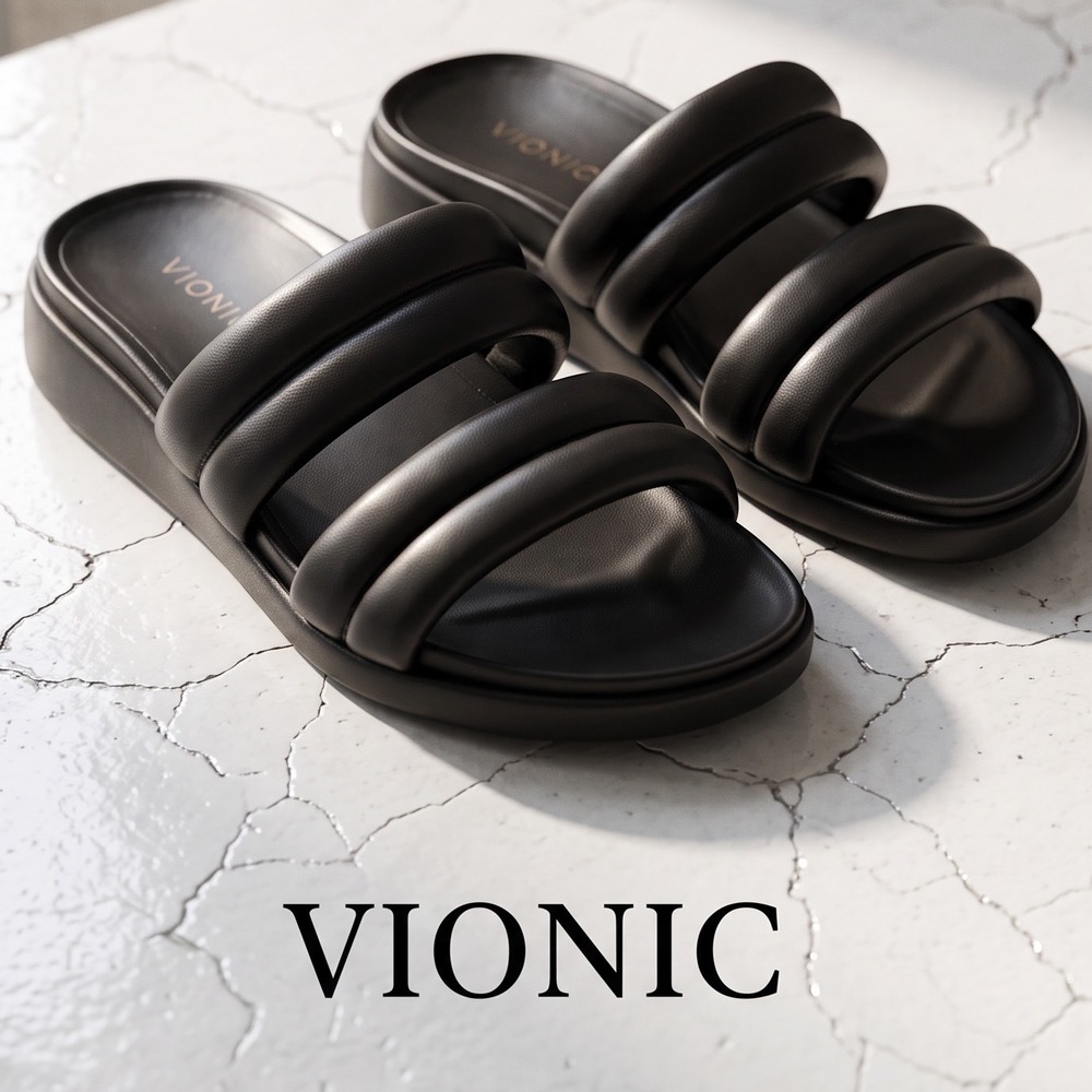 Vionic Mayla Black Puffed Double Strap Platform Slide Sandals Womens 8